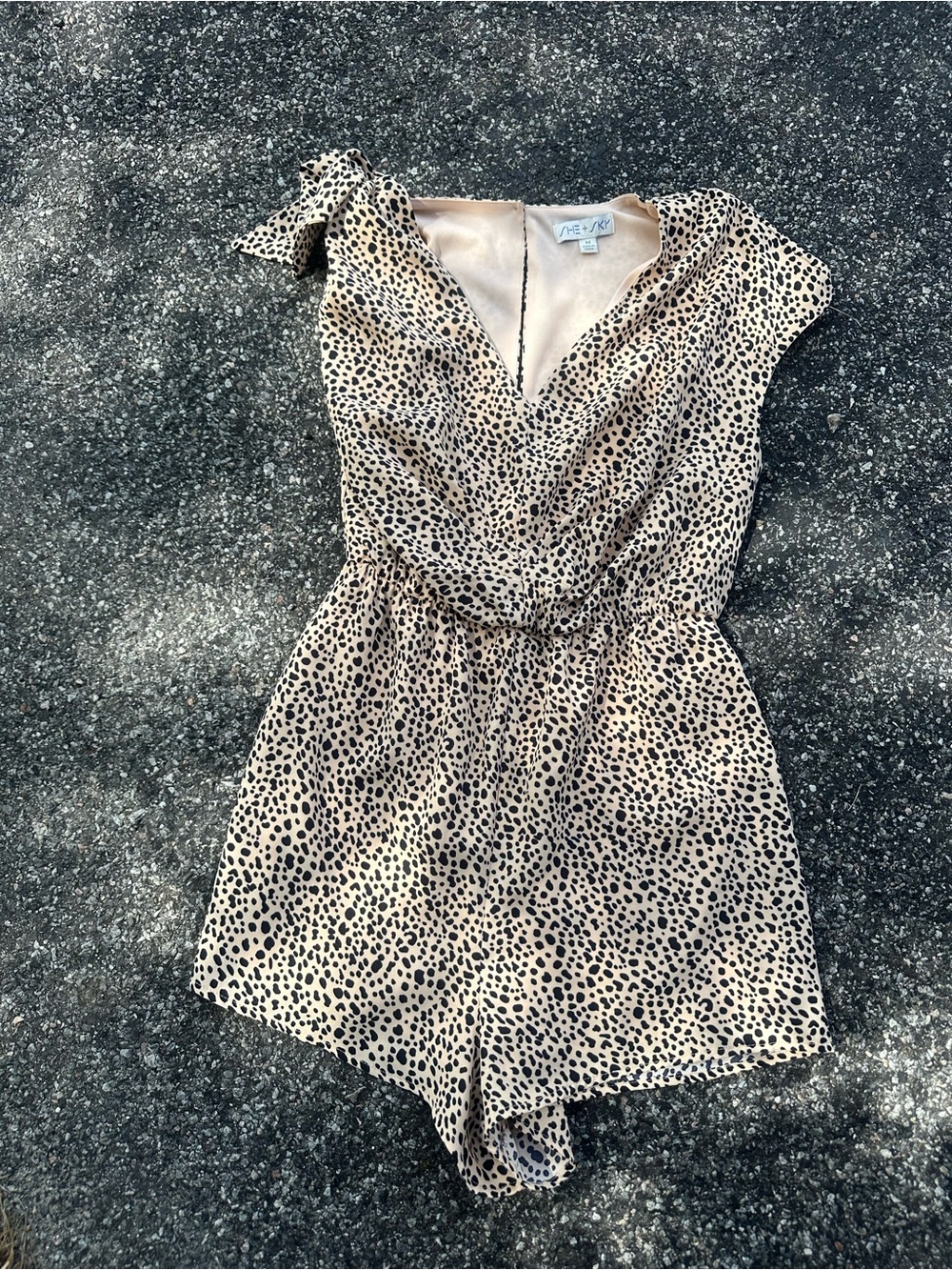 She + Sky Beige Leopard Print Romper with V-Neck